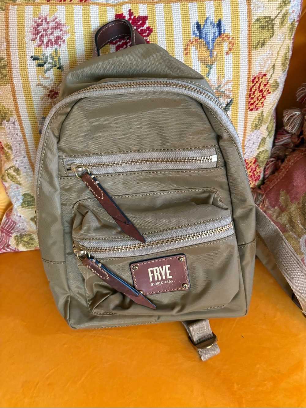 Frye Olive Nylon Mini Backpack with Brown Leather Accents
